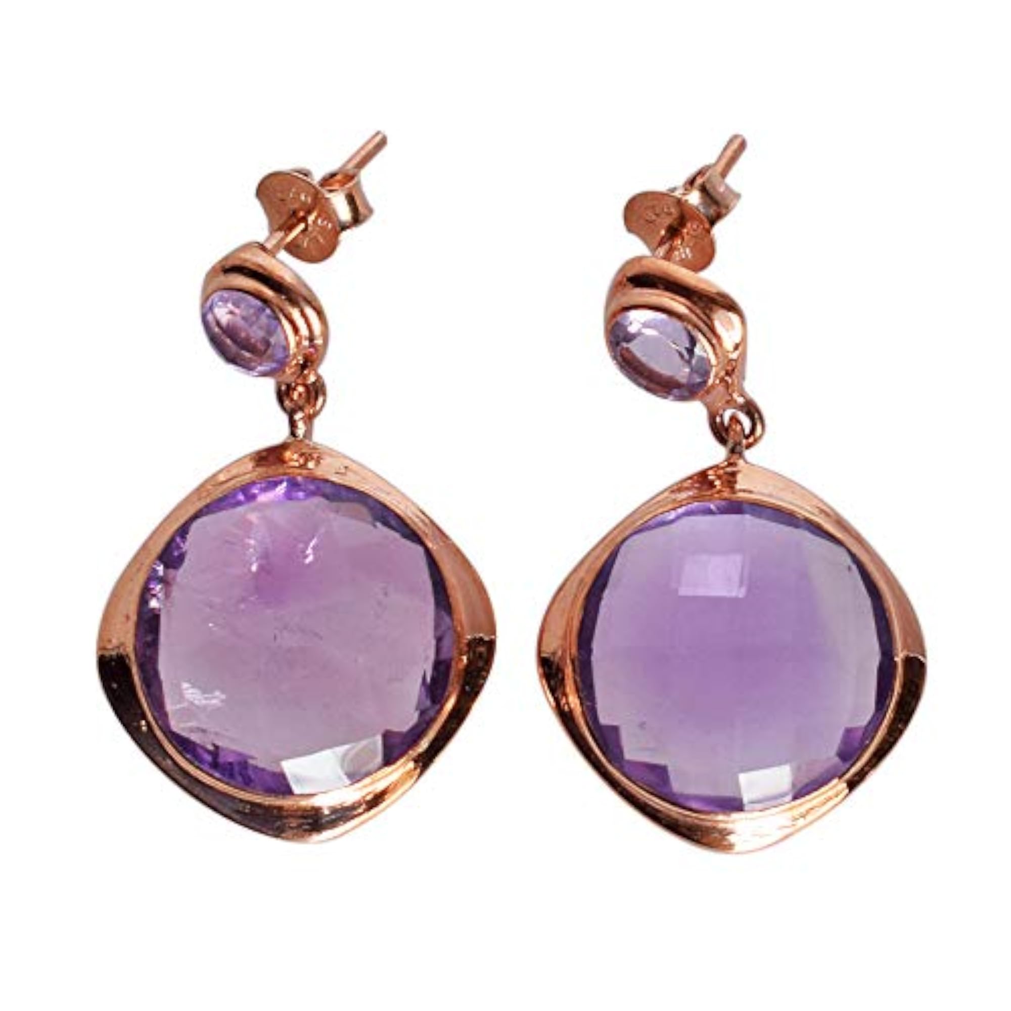 Women's Amethyst Dangle Earrings, Rose Gold Plated, Gift for Girls