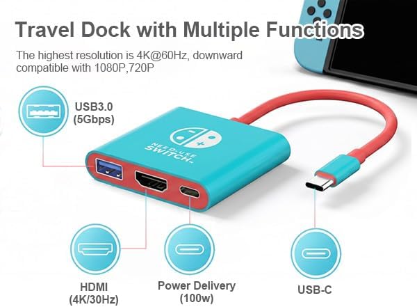 TNATRA Switch Dock, Portable TV Docking Station Compatible with Steam Deck/ROG Ally/Legion GO, 3-in-1 Switch Travel Dock with HDMI 4K@60Hz, 100W Charge PD Port and USB 3.0 - 2
