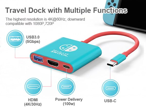 Image of Switch Dock, Portable TV Docking Station Compatible with Steam Deck /ROG Ally /Legion GO, 3-in-1 Switch Travel Dock with HDMI 4K@60Hz, 100W Charge PD Port and USB 3.0