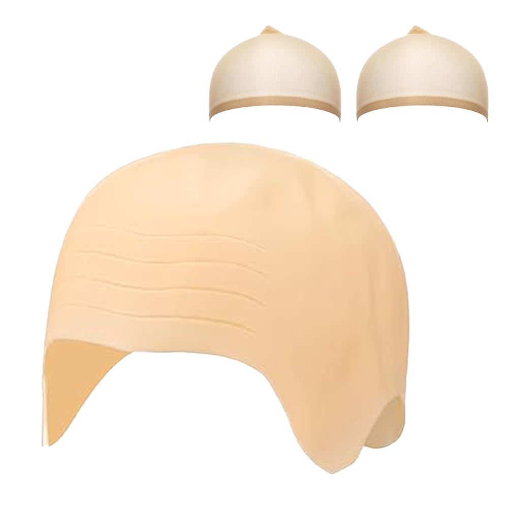 CYZTD 3PCS Latex Bald Cap, Thick Skin Head Skull Wig, Fancy Dress Cosplay Hat Costume Accessory for Halloween for Adult Men and Women