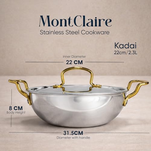 Image of SOLARA MontClaire Premium Triply Stainless Steel Kadai /Kadhai for Cooking with Golden Handles and Steel Lid, 22cm(8.6 Inch), 2.3L Capacity, Induction Friendly Triply Kadai, 100% Toxin & Chemical-Free