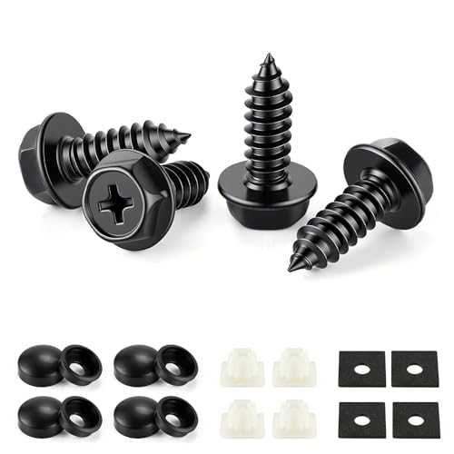 Image of LivTee Rustproof License Plate Screws for Securing License Plates Frames and Covers on Cars and Trucks, 4 Sets Premium Stainless Steel Self Tapping Mounting Bolts (Black Zinc Plated)