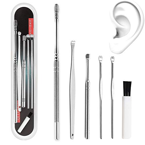 Yakamoz 6PCS Cérumen Curette Cure-Oreilles Nettoyeur Médical Cure Oreilles INOX pour Oreille en Acier INOX Cire d'oreille Remover Ear Picks Cire d'oreille Curette Cover
