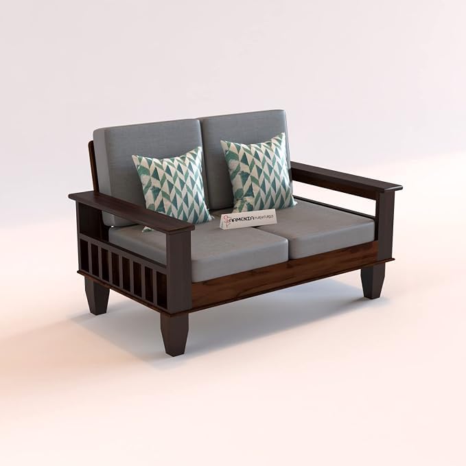 Image of Sheesham Wooden 2 Seater Sofa for Living Room | Rosewood 2 Seater Cushion Sofa with Side Newspaper Holder for Home & Office | Solid Wood Sofa Set for Lounge (Walnut Finish)