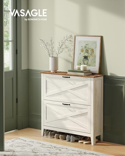 VASAGLE LIRY Collezione - Scarpiera con 2 Scomparti a Ribalta, Scarpiera Ingresso Slim, Stile Farmhouse, per 12-16 Paia di Scarpe, Bianco Vintage HSC201W01 - Immagine 2