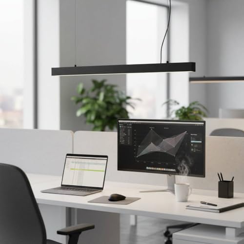 Image of 20W Black Linear Hanging Bar Light, 1200mm LED Pendant, 1600lm Warm White 3000K, Adjustable 1000mm Drop, Aluminium & Opal Diffuser – Modern Kitchen Island/Dining Room Ceiling Light