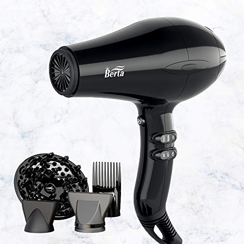 Berta Hair Dryer, 1875w Professional Salon Ionic Blow Dryer 4 Accessories with Nozzle/ Diffuser/ Comb Attachment, AC Motor Hair Dryer (Black)