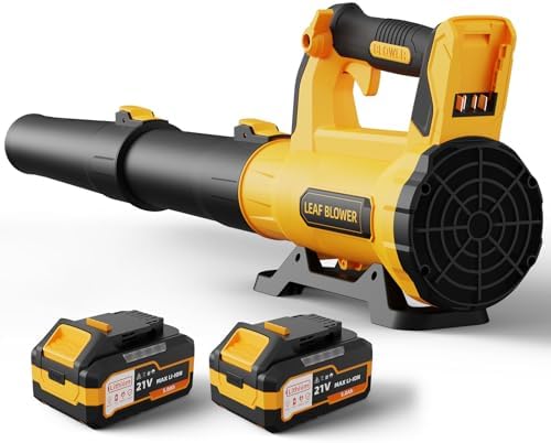 best blowers for lawn care that will transform your yard work 5 Leaf Blower Cordless with 2× 5.0Ah Batteries and Charger, 21V Electric, Lightweight Battery Powered Blowers for Lawn Care, Yard, Patio Cleaning, Blowing Leaves & Dust, Yellow