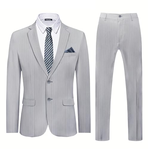i·FineLong Men's 2 Piece Slim fit Suits Set Tuxedo,V Neck Notched Lapel，Groomsmen Prom Tuxedo Pinstripe Suit for Men