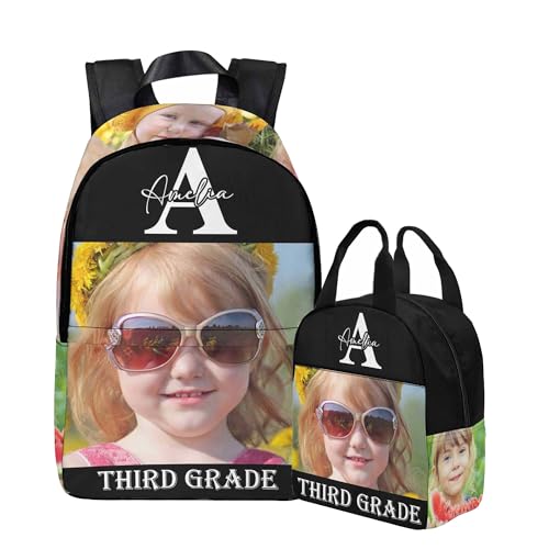 Image of Personalized Backpacks for Kids Custom Bookbag Lunch Box Set for Girls Boys Toddler School Daypack with Photo Name Elementary School Travel Daypack