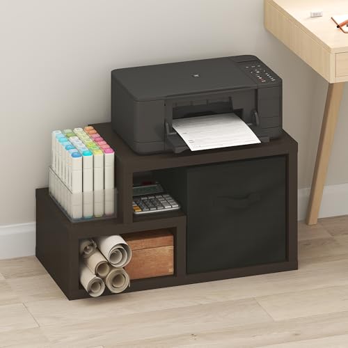 Image of Furinno Viola 2-Tier Storage Shelf, Horizontal Display Rack, Dark Oak | with Drawer Bin, Extra Thick Frame Bookshelf, Open Back, for Organization, Living Room, Home Office