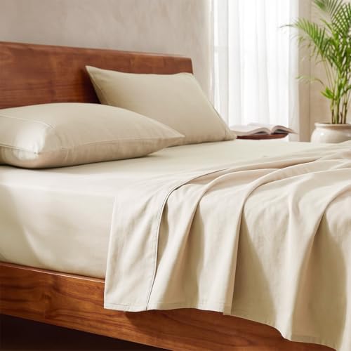 LANE LINEN 100% Organic Cotton Bedsheet for Double Bed Queen Size - Ivory | GOTS Certified, Percale Weave, 90x100 inches, Soft & Breathable, Machine Washable, Includes 2 Pillow Covers