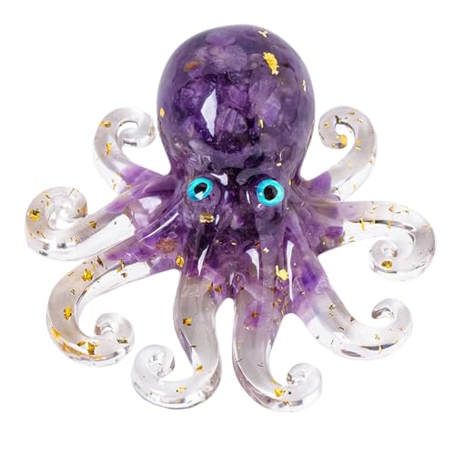 Natural Crystal Labradorite Gravel Octopus Resin Octopus Marine Animals Fish Tank Decorative Healing Crystal Home Crystal Ornaments Octopus Statue Decor Ladies Gift (Purple)