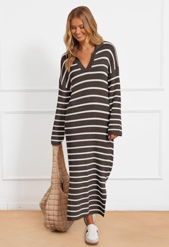 MEROKEETY Women's 2024 Long Sleeve Striped Sweater Dress V Neck Collared Slit Casual Knit Maxi Dresses2