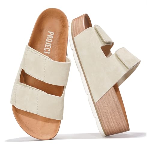 Project Cloud 100% Genuine Leather Platform Sandals Women Footwear - Beach Summer Wedges with Comfortable Memory Foam Insole - Non Slip & Lightweight Wedge Sandals for Women (PISMO,BIRCH, 8.5)