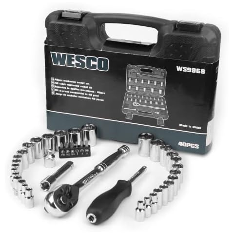 Socket Set, WESCO 40-Piece Impact Socket Set, 1/4 Socket Set, 3/8 Socket Set, Allen Key Socket Set, 72 Teeth Ratchet Spanner Set Car Tools & Equipment with Tool Box Extension Bar, Bit Handle Cover