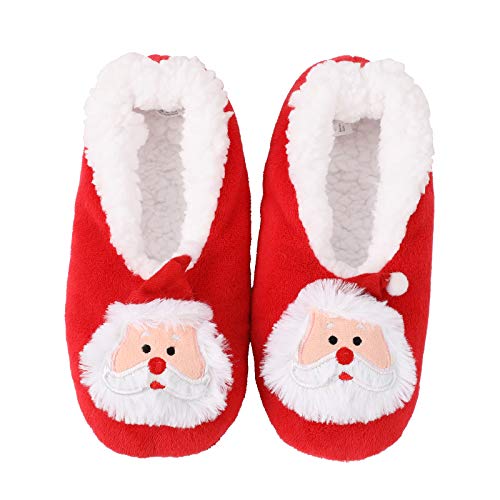 Women Christmas Slipper Socks Winter Thermal Fuzzy Socks with Grippers Xmas Gift (Red, Small)