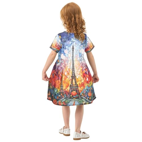ALAZA Abstract Paris Eiffel Tower France Art Girls Dress Short Sleeve Toddler Casual Dresses Summer Sundress 2-8T3