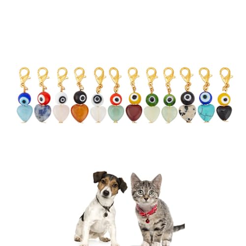 DELORIGIN 12pcs Evil Eye Heart Collar Pendants for Cat Dog, Gemstone Jewelry Charms Lampwork Pet Collar Pendants Clip-on Charms for Bag Decor Keychain Pet Necklace Training Home Decoration