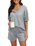 Evolyline Schlafanzug Damen Kurz, Waffel Kurzarm Pyjama Set Sommer, V-Ausschnitt Shorty Pjama für Damen, Loungewear Nachtwäsche mit Taschen&Kordelzug S-XXL