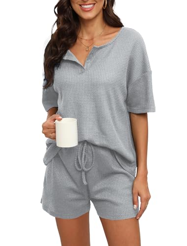 Evolyline Schlafanzug Damen Kurz, Waffel Kurzarm Pyjama Set Sommer, V-Ausschnitt Shorty Pjama für Damen, Loungewear Nachtwäsche mit Taschen&Kordelzug S-XXL