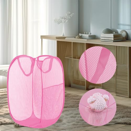 Image of Pop Up Laundry Hamper, Mesh Laundry Basket Collapsible, Foldable Hamper for Travel and Storage (Pink)