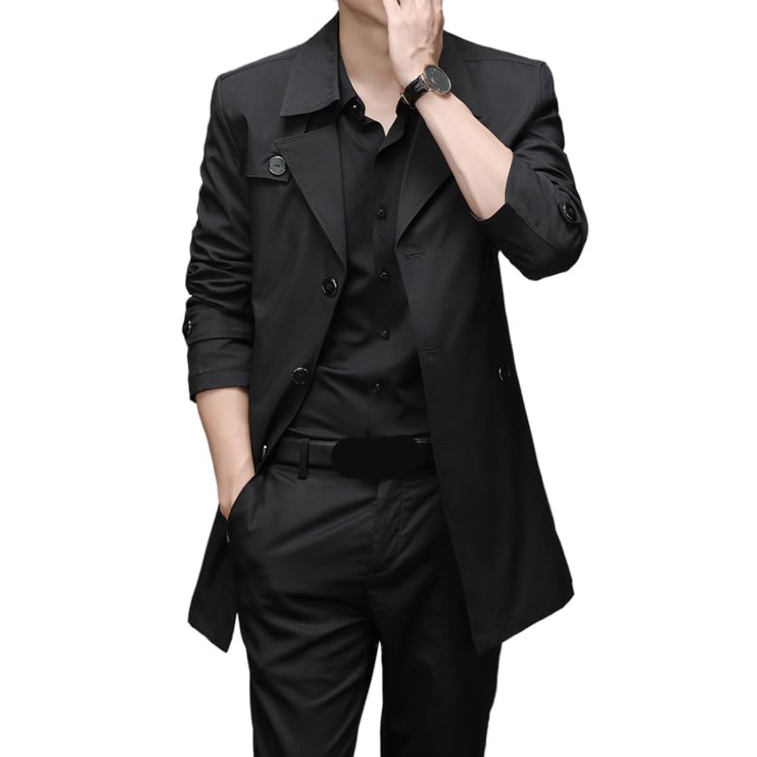 Mens Simplicity Notched Lapels Windbreaker Cardigan Side Pockets with Buttons Overcoat