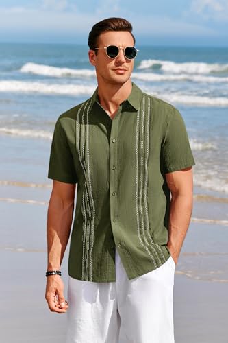 Image of Runcati Mens Short Sleeve Guayabera Shirts Linen Cotton Button Down Mexican Embroidered Cuban Wedding Shirt Summer Beach Tops
