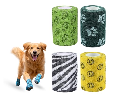 Image of Dog Bandage Cohesive Wrap for Paw & Leg | 7.5cm x 4.5m - Pack of 4 | Easy Tear, Fur Safe | Self Adhesive Elastic Vet Tape for Walking Protection, Wound Care & Licking Prevention Bandage Roll