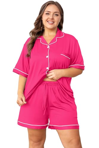 Image of Vozanet Women's Plus Size Button Down Pajamas Soft Lounge Sets Shorts with Pockets Bride Nighty Solid Soft Pjs 1x to 5x