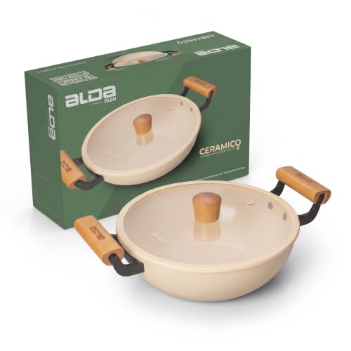 Image of Alda Ceramico 28cm Deep Wok with Glass Lid | Non-Stick Ceramic Kadhai with Dual Wooden Handles | Cream Multipurpose Cooking Pan | Induction & Gas Stove Compatible Cookware