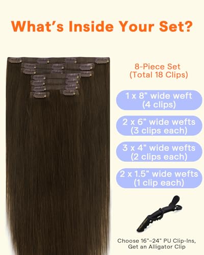 Image of Full Shine Brown Human Hair Clip in Extensions, Medium Brown | Seamless Clip in Hair Extensions, Invisible PU Weft Remy Human Hair for Women 18 Inch 120g 8Pcs