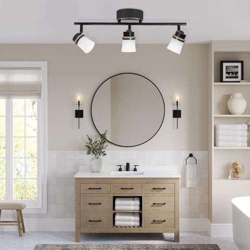 Image of 3 Light Dimmable LED Track Lighting Kit, Matte Bronze Flush Mount Ceiling Light Fixture with Etched Glass Shades, Adjustable Wall Lamp with Integrated LED Bulbs