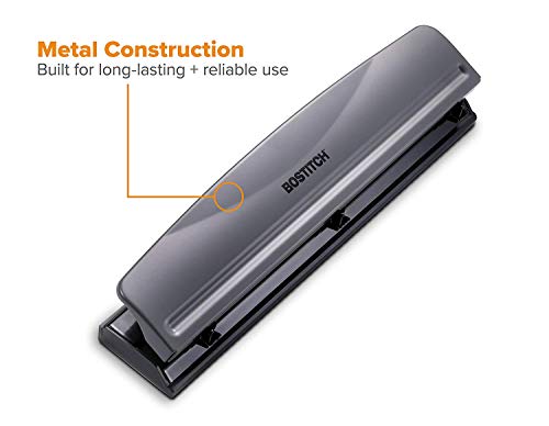 Image of Bostitch Office Premium 3 Hole Punch, 12 Sheet Capacity, Metal, Rubber Base, Easy-Clean Tray, Silver, Gray