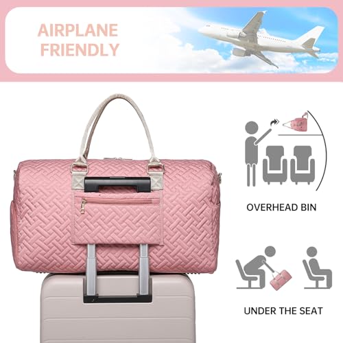 Image of Duffle Bag for Travel, Weekender Bag with Shoe Compartment, Carry On Overnight Bag for Women with Toiletry Bag, 50L Gym Bag with Wet Pocket, Hospital Bags for Labor and Delivery, style2-pink&brown