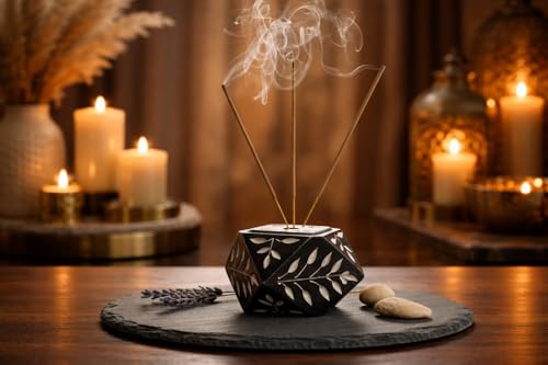 Image of Soapstone (Marble) Incense Stick Holder Agarbatti Stand Candle Holder Dhoop Stick Burner | for Pooja Puja at Mandir, Temple, Home, Office, Decorative Showpiece Black | Floral Carved