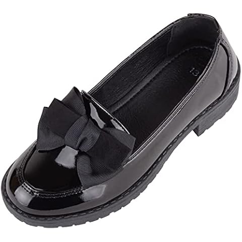 Absolute Footwear Childrens Kids Girls Slip On Faux Leather Smart Formal Heeled School Shoes with Bow Design - Black PU - UK Child 1 / EU 33-34 Cover
