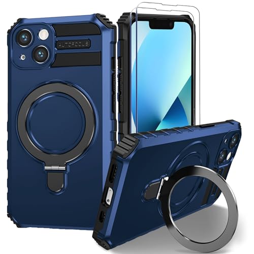 Fudley iPhone 13 Magnetic Case [Compatible with MagSafe] with 2 Tempered Glass Screen Protectors with Ring Kickstand,Military Grade Heavy Duty for iPhone 13 Case 6.1'' Blue