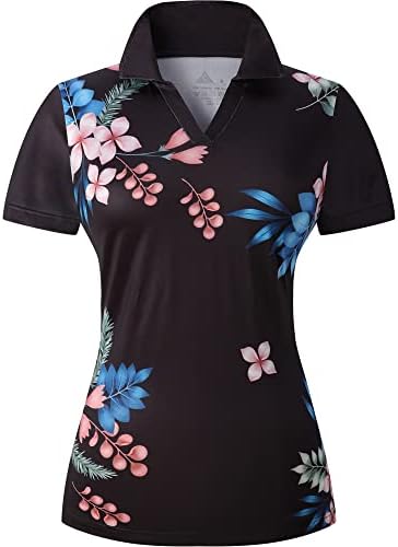 Polo Shirts for Women Floral Printed Golf Shirts Short Sleeve Tennis Shirts Loose Fit Outdoor Sport Tee Golf Apparel Black L
