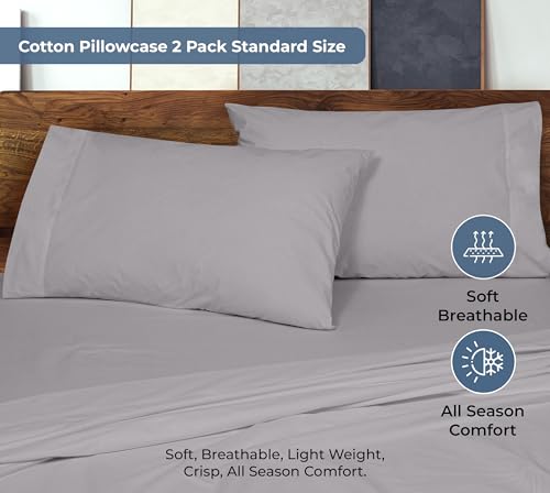 Image of ROYALE LINENS 100% Organic Cotton Percale Pillowcases Set of 2 - Queen Size Percale Pillowcase - Queen Set of 2 Pillow Cover - Breathable, Cool & Crisp Pillow Cases (20 inchx30 inch, Silver)