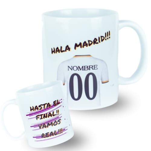 Taza personalizada del Madrid - Regalos originales - Regalos futbol - Camiseta equipos de futbol - Personaliza tu taza con tu nombre y tu numero - Regalos niños R Madrid