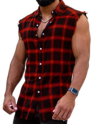 Mens Sleeveless Flannel Shirt Plaid Casual Button Down Shirts Vest