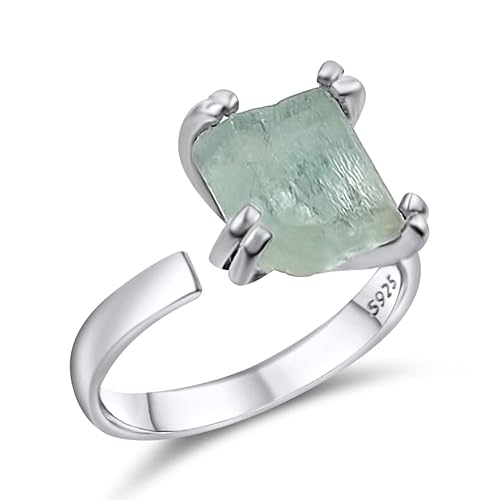 Natural raw aquamarine adjustable finger ring with white gold over 925 sterling silver, perfect march birthstone gift for her, Uniquelan Jewelry (aquamarine)