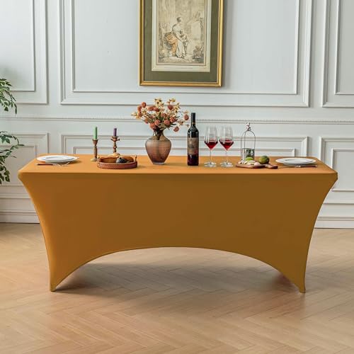 Image of FOLINS&HOME 2 Pack Gold 6ft Fitted Spandex Water Resistant Tablecloth | Washable Elastic Rectangle Table Cover for 6 Foot Folding Tables, Stretch Table Cloth for Weddings, Banquets, Parties (2 Pcs)