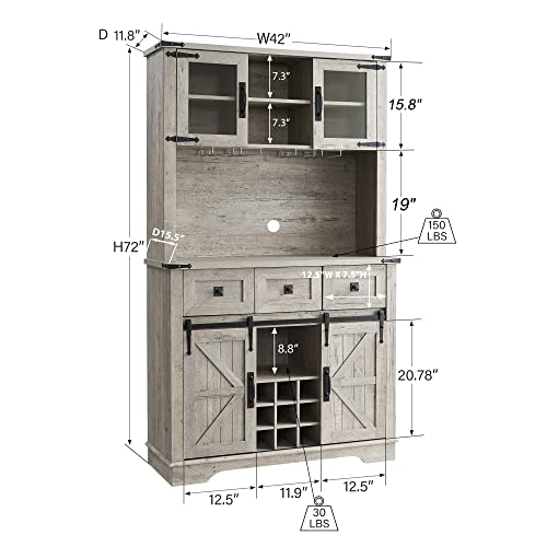 Okd Farmhouse Bar Cabinet With Sliding Barn Door, Kitchen Hutch Storage Cabinet W/Wine And Glass Rack, Drawers, Adjustable Shelves, Sideboard Buffet Pantry For Dining Room (Light Rustic Oak) #TOP1
