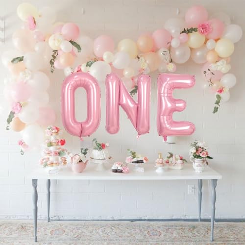 Image of 40 Inch Pastel Pink ONE Balloon for 1st Birthday - Light Pink Letters With Ribbon - Baby Pearl Alphabet for Girls First Birthday, 1 Year Old Baby Shower Party Decorations