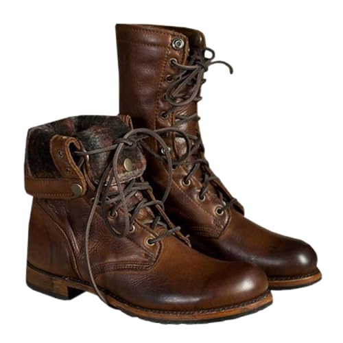 Men Vintage Leather Lace Up Mid-Calf Boots Fashion Casual Foldable Motocycle High-Top Ankle Boots Round Toe Chukka Boots (Color : Brown, Size : 7.5)