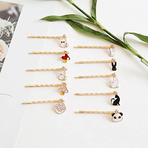 WHITEBRIDGE 10pcs Cute Cartoon Animals Rabbit Pendant Enamel Hair Bobby Pins Simple Metallic Barrettes for Women Girls, Pearl Hairpins Cute Panda Bobby Pins Lovely Cat Hair Clips