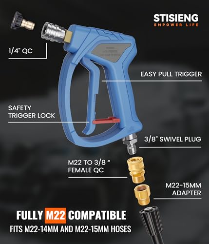 Image of Short Pressure Washer Gun with 360 Swivel, High Pressure Stubby Power Washer Gun Kit with 5 Nozzle Tips, M22-14mm & 15mm Adapters, 3 /8 inch QC for Car Wash Detailing & Cleaning (Blue)