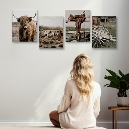 Image of Vintage Farm Cow Farmhouse Decor Cow Prints Canvas Wall Art Prints Pictures Wall Decor for Home Bedroom Kitchen Bathroom Rustic Western Country Birthday Housewarming Gifts 4PCS,Framed,8x10IN